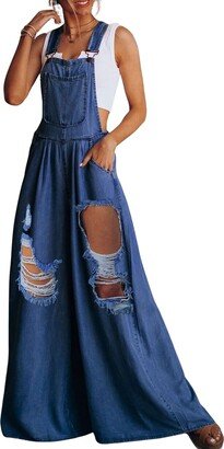 loveimgs Women's Casual Ripped Adjustable Denim Overalls Baggy Wide Leg Bib Pants Palazzo Jumpsuit (Medium