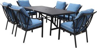 Noe 7 Piece Metal, Outdoor Dining Table and Slope Arm Chairs Set, Blue