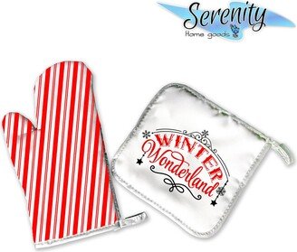 Winter Wonderland | Decorative Kitchen Hot Plate Pot Holder Oven Mitt Set Christmas Stripes Snowflake