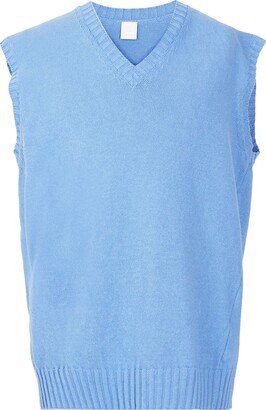 Cotton-blend Ripped Oversize V-neck Vest Sweater Light Blue