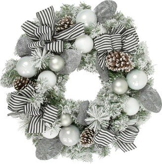 Northlight Frosted Pine Artificial Christmas Wreath with Striped Bows, 24-Inch, Unlit