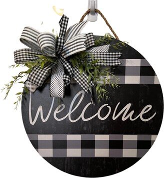 Welcome Door Sign, Farmhouse Black & White Wreath, New Home Gift