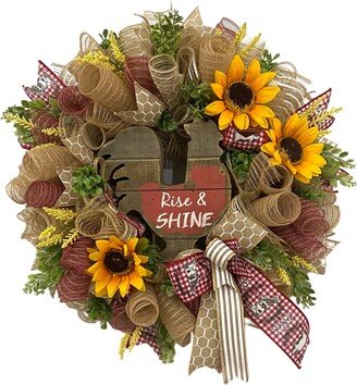 Rustic Rooster Wreath For Kitchen, Chicken Decor Front Porch, Rise & Shine Home Decoration, Farm Life Door Hanger, Sunflower