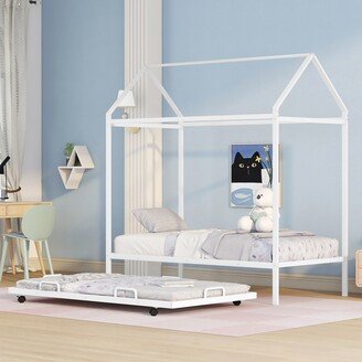 EDWINRAY Twin Size Metal House Shape Platform Bed with Trundle, Built-in Ladder & Solid Metal Slat Support for Kids Teens Bedroom, White