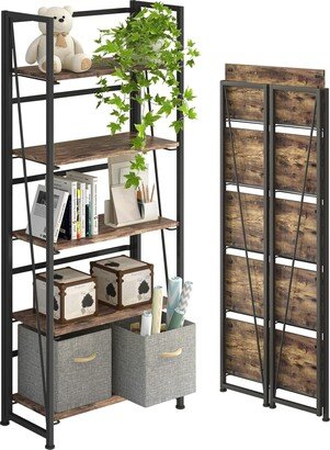 EPOWP No-Assembly Folding Bookshelf Storage Shelves 5 Tiers Vintage Bookcase Standing Racks Study Organizer Home Office