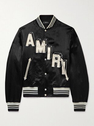 Logo-Embroidered Appliquéd Satin-Twill Bomber Jacket