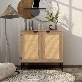 BESTCOSTY Rustic Accent Wood Storage Cabinet with 2 Rattan Doors