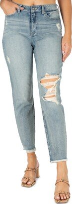 Juniors' High-Rise Distressed Rolled-Cuff Mom Jeans