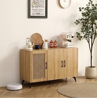 Freya Natural 16D x 45.3W x 28.3H Oak Three Door Rattan Net Side Cabinet with Adjustable Inner Shelves-Maison Boucle