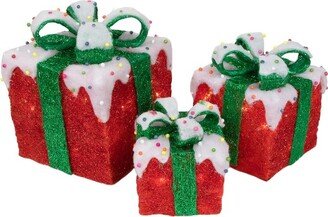 Northlight Set of 3 Lighted Snow and Candy Covered Sisal Gift Boxes Christmas Outdoor Decorations