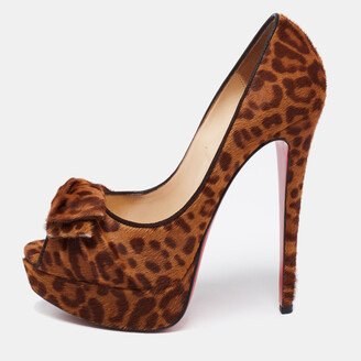 Brown/Tan Leopard Print Calf Hair Bow Lady Peep-Toe Platform Pumps Size 37