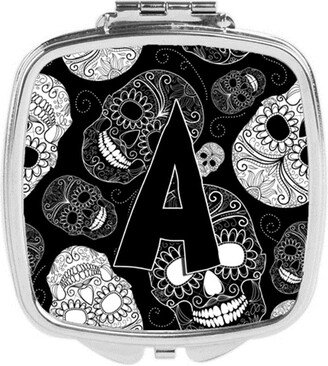 CJ2008-ASCM Letter a Day of the Dead Skulls Black Compact Mirror