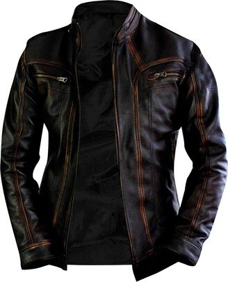 CHICAGO-FASHIONS Mens Vintage Motorcycle Retro Cafe Racer Distressed Black Biker Leather Jacket