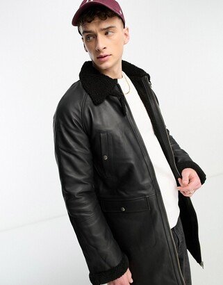 faux shearling longline leather parka in black