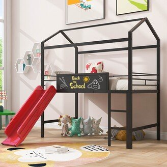 TOSWIN Metal House Bed with Slide, Twin Size Metal Loft Bed with Writing Board