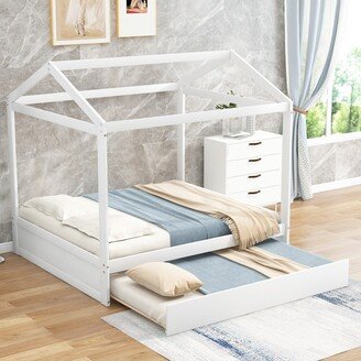 RASOO Functional Full Size House Bed with Trundle, Canopy, Solid Wood