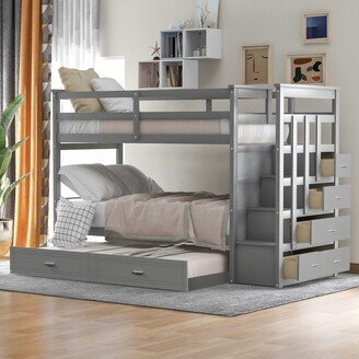 GEROJO Solid Wood Bunk Bed, Hardwood Twin Over Twin Bunk Bed with Trundle and Staircase and Storage Drawers