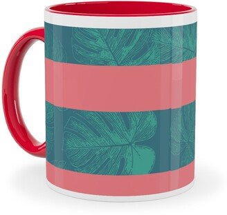 Mugs: Monstera Leaf Stripes Ceramic Mug, Red, 11Oz, Green