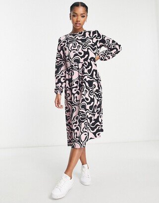 midi dress in pink and brown swirl print