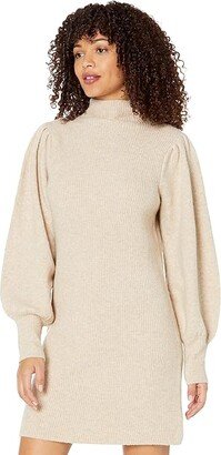 Mock Neck Puff Sleeve Mini Sweaterdress (Heather Stone) Women's Clothing