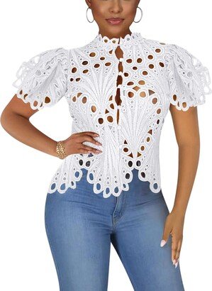 Doweha Ruffle Short Sleeve Blouses for Women Fashion See Through 2023 Summer Top Sexy Cute Peplum Button Down Shirt Tunic White M