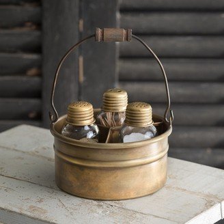 Round Bucket Salt Pepper and Toothpick Caddy - Antique Brass - 5 dia. x 2½H.