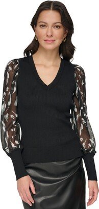 Women's Chiffon-Sleeve V-Neck Sweater - Black/black/steel Grey Multi