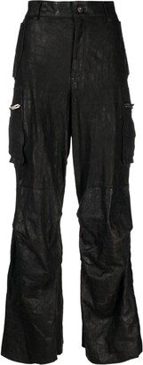 Cargo-Pockets Wide-Leg Leather Trousers