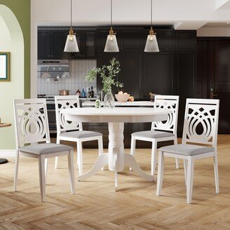 Sunmory Mid-Century 5-Piece Extendable Round Dining Table Set with 4 Upholstered Dining Chairs