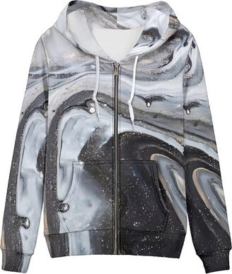 Howanight Gray Marble Print Women's Long Sleeve Zip Up Hoodie Drawstring Pullover Hoodie Sweatshirts Athletic Hoodies Oversize Jacket-XS