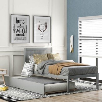 Calnod Twin Size Bedroom Platform Bed Wood with Trundle, Wooden Support, White and Gray