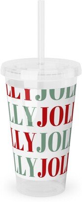 Travel Mugs: Jolly Print - Red And Green Acrylic Tumbler With Straw, 16Oz, Red