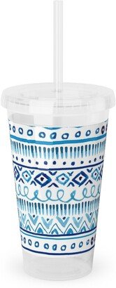 Travel Mugs: Painted Stripe - Blue Acrylic Tumbler With Straw, 16Oz, Blue