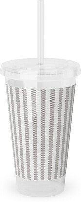 Travel Mugs: French Ticking Stripe - Grey Acrylic Tumbler With Straw, 16Oz, Gray