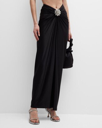 Rabanne Crystal Brooch Gathered Slit-Hem Maxi Skirt