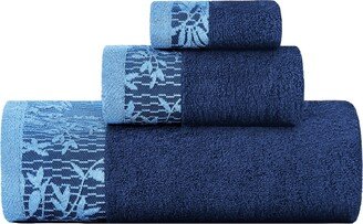 Wisteria Cotton Floral Embroidered Jacquard Border Towel, 3 Piece Set