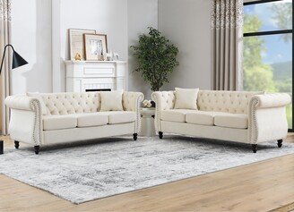 EDWINRAYLLC 2 Piece Chesterfield Sectional Sofa Set, 3 Seater Velvet Fabric Low Back Sofa Tufted Sofa Couch with Pillows and Seat Cushions