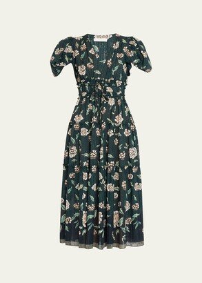 Eloisa Puff-Sleeve Floral Midi Dress