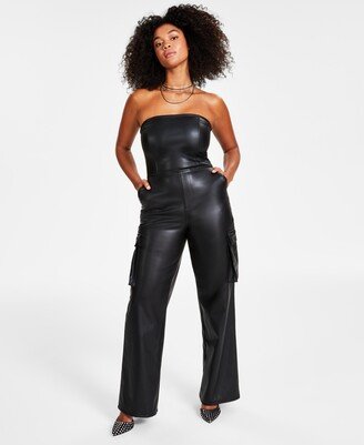 Women's Faux-Leather Strapless Cargo-Pocket Jumpsuit, Created for Macy's