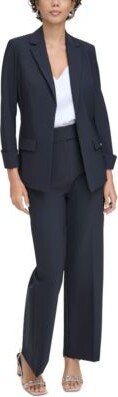 Petite Notched Collar Open Front Blazer Mid Rise Wide Leg Pants