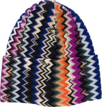 Multicolor Beanie With Zigzag Motif In Wool Woman