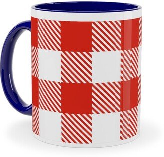 Mugs: Red Gingham Pattern Ceramic Mug, Blue, 11Oz, Red