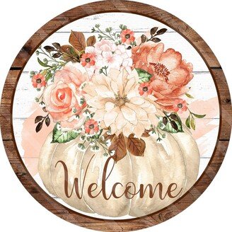 Welcome Sign - Pink Pumpkin Fall Autumn Wreath Metal