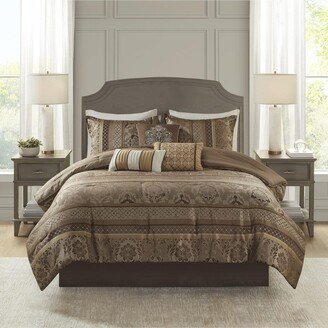 Gracie Mills 7-pc Bellagio Jacquard Comforter Set, Brown/Gold - Queen - Brown/gold