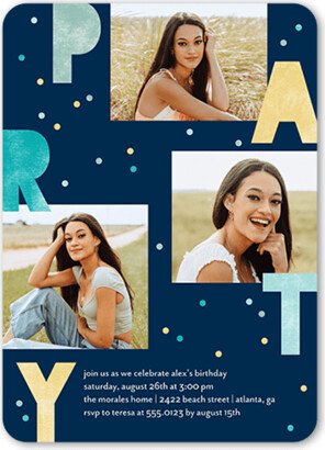 Teen Birthday Invitations: Speckled Letters Birthday Invitation, Blue, 5X7, Matte, Signature Smooth Cardstock, Rounded