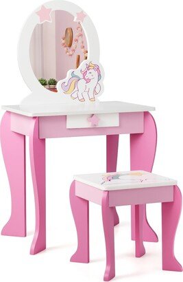 Kids Vanity Makeup Dressing Table Chair Set Wooden W/ Mirror - See details