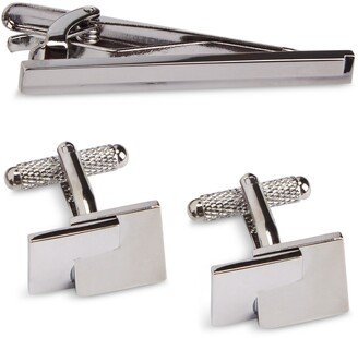 Perry Ellis Portfolio Men's Small Grid Cuff Links & Tie Bar Set