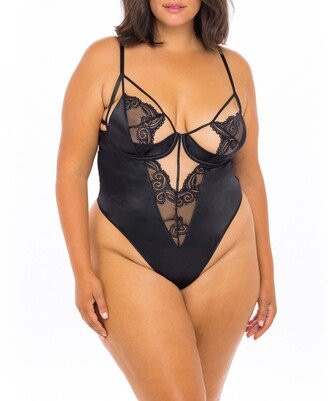 Plus Size Underwire Teddy Featuring Art Deco Lace with A Thong Back, 2pc Lingerie Set