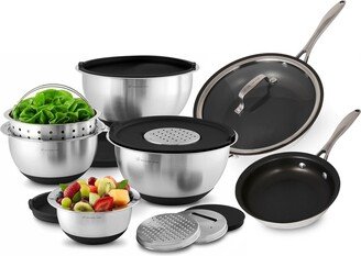 15-Piece Kitchen Essentials Set, Stainless Steel Skillets and Mixing Bowls, Nonstick Cookware Coating, Silicone Base Bowls