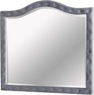 38 Inch Fabric Padded Frame Mirror with Button Tufting, Gray